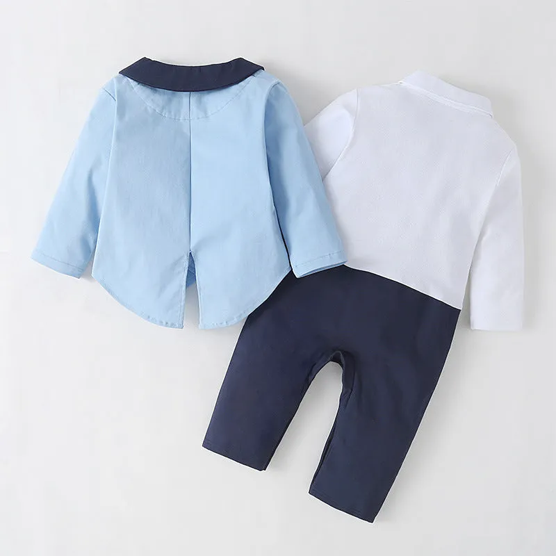 2 Pieces Set Baby Boys Dressy Birthday Party Color-blocking Bow Jumpsuits And Blazers Wholesale 220616121