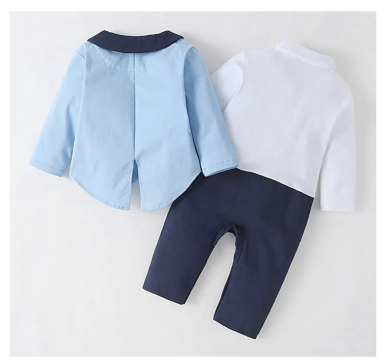 2 Pieces Set Baby Boys Dressy Birthday Party Color-blocking Bow Jumpsuits And Blazers Wholesale 220616121