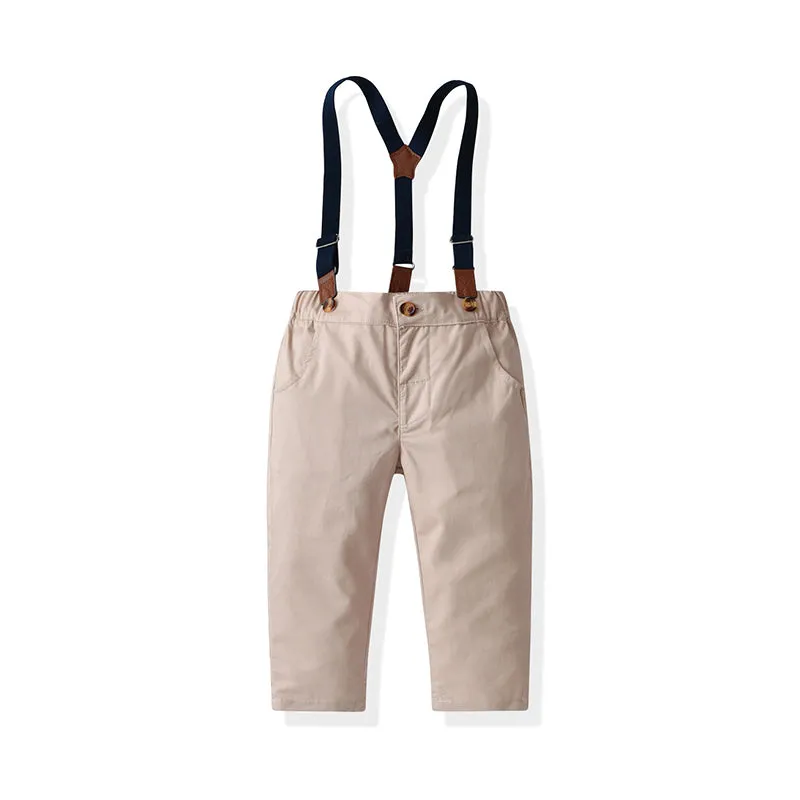 2 Pieces Set Baby Kid Boys Birthday Party Checked Bow Shirts And Solid Color Jumpsuits Wholesale 211109213