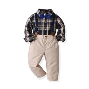 2 Pieces Set Baby Kid Boys Birthday Party Checked Bow Shirts And Solid Color Jumpsuits Wholesale 211109213