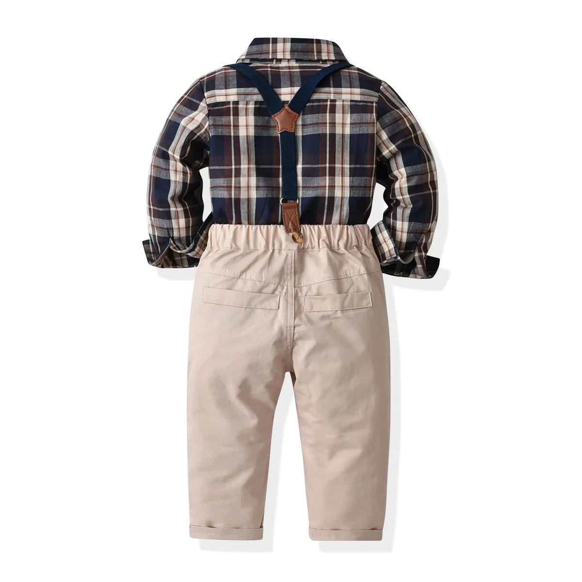 2 Pieces Set Baby Kid Boys Birthday Party Checked Bow Shirts And Solid Color Jumpsuits Wholesale 211109213