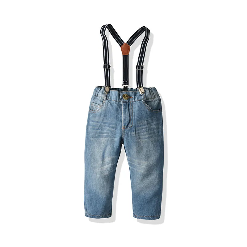 2 Pieces Set Baby Kid Boys Birthday Party Checked Bow Shirts And Solid Color Jumpsuits Wholesale 21110945