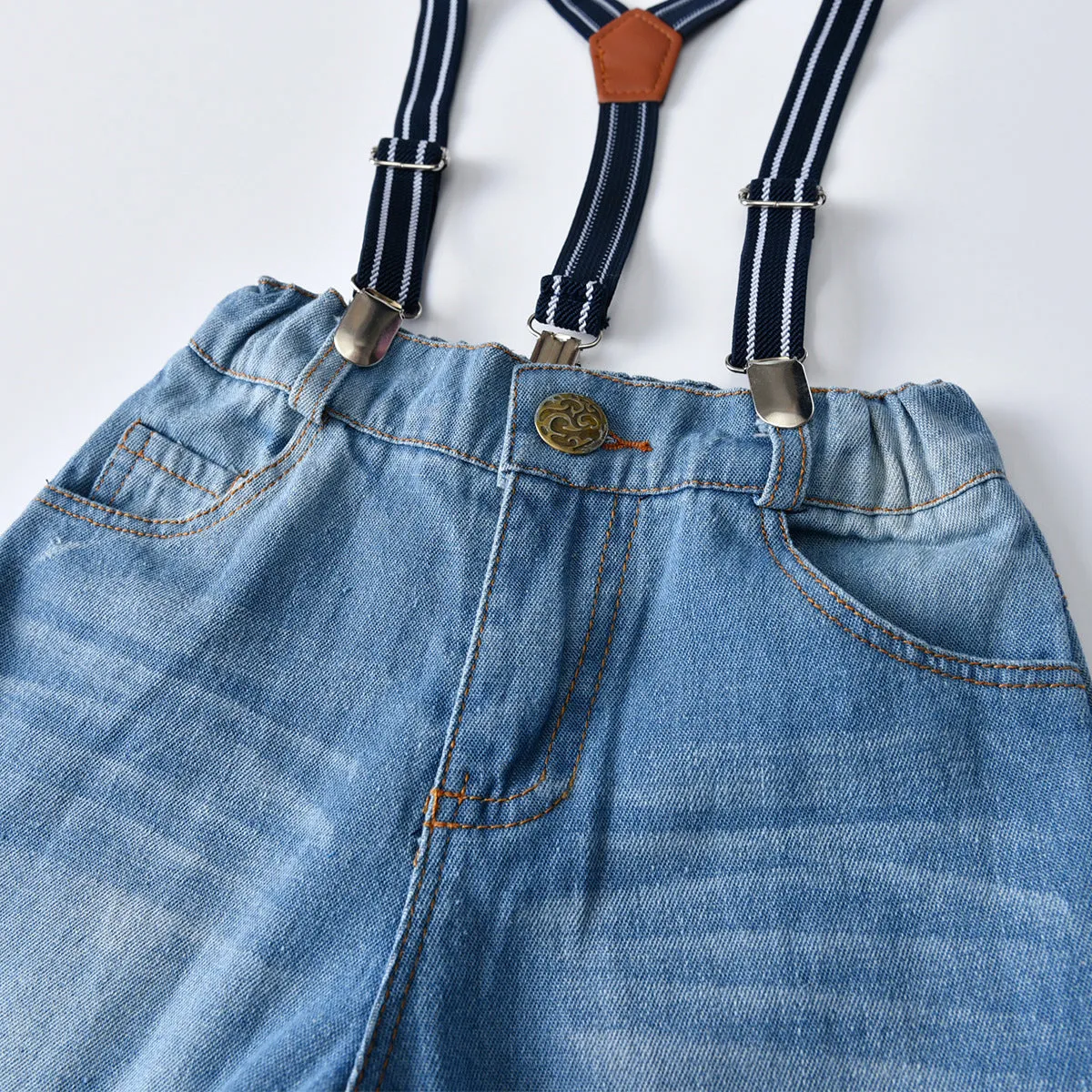 2 Pieces Set Baby Kid Boys Birthday Party Checked Bow Shirts And Solid Color Jumpsuits Wholesale 21110945