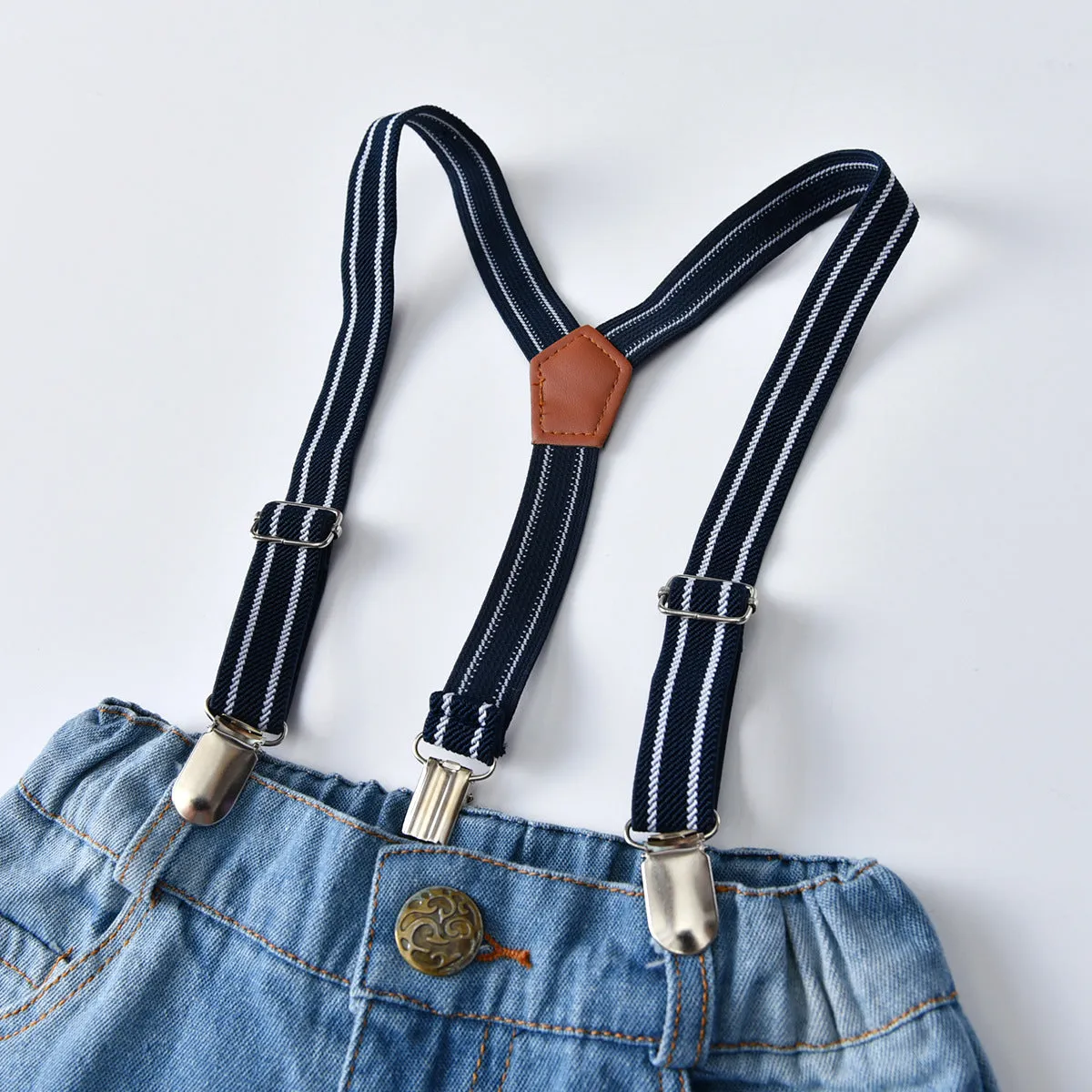 2 Pieces Set Baby Kid Boys Birthday Party Checked Bow Shirts And Solid Color Jumpsuits Wholesale 21110945
