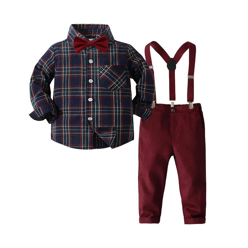 2 Pieces Set Baby Kid Boys Birthday Party Checked Bow Shirts And Solid Color Jumpsuits Wholesale 220425230