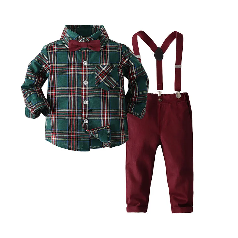 2 Pieces Set Baby Kid Boys Birthday Party Checked Bow Shirts And Solid Color Jumpsuits Wholesale 220425230