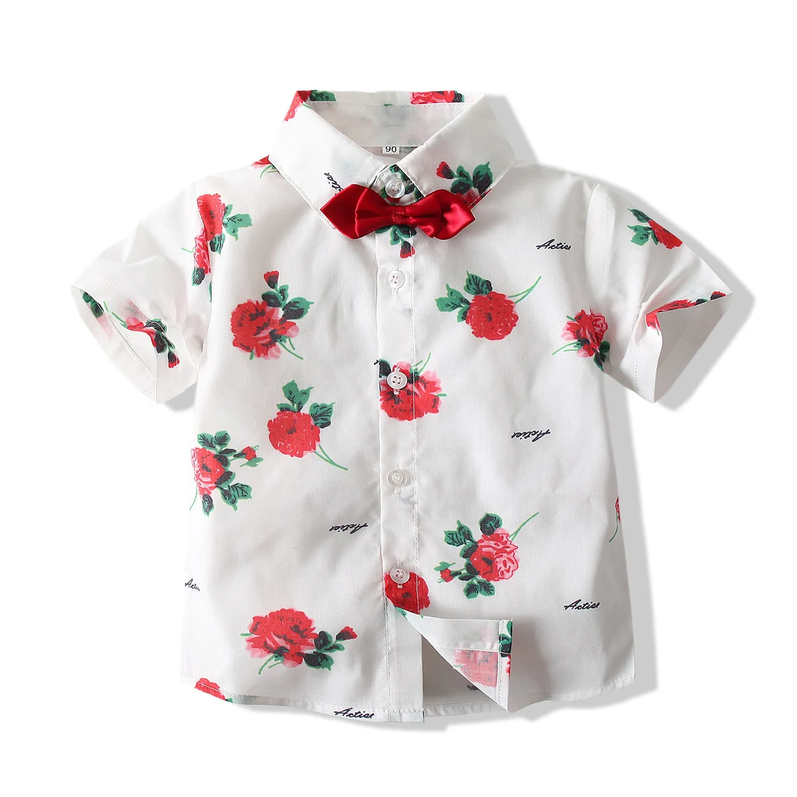 2 Pieces Set Baby Kid Boys Birthday Party Flower Bow Print Shirts And Solid Color Shorts Wholesale 23030870