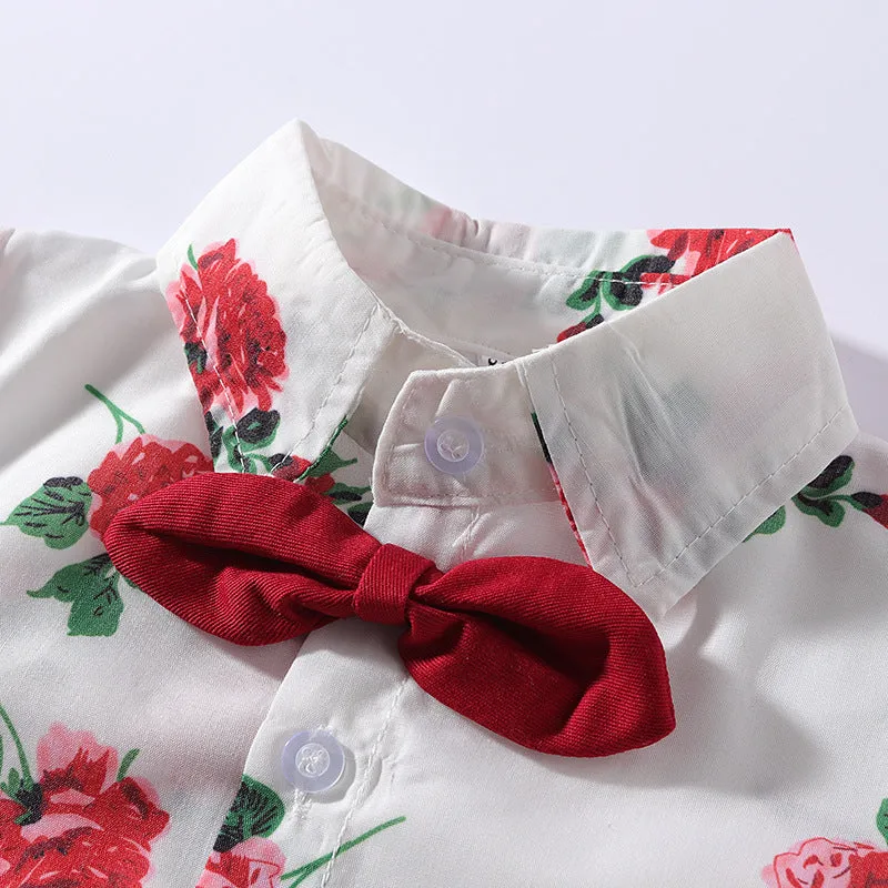 2 Pieces Set Baby Kid Boys Birthday Party Flower Bow Print Shirts And Solid Color Shorts Wholesale 23030870