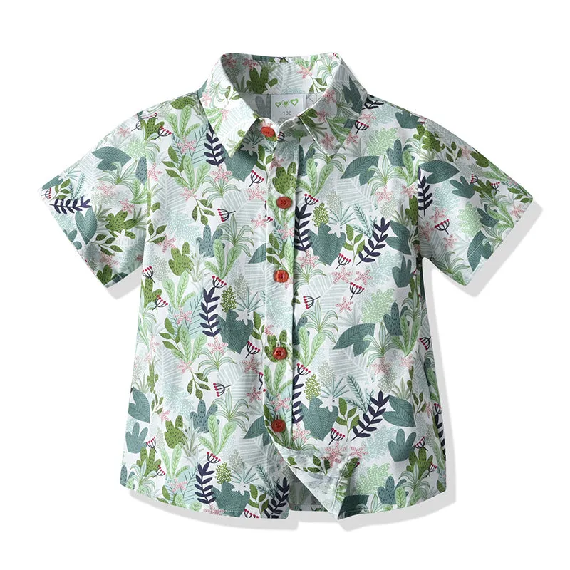 2 Pieces Set Baby Kid Boys Dressy Plant Print Shirts And Solid Color Rompers Wholesale 21110991