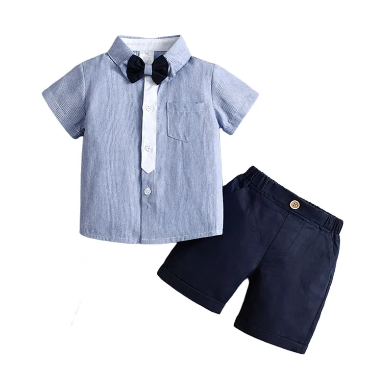 2 Pieces Set Baby Kid Boys Dressy Striped Bow Shirts And Solid Color Shorts Suits Wholesale 230114218