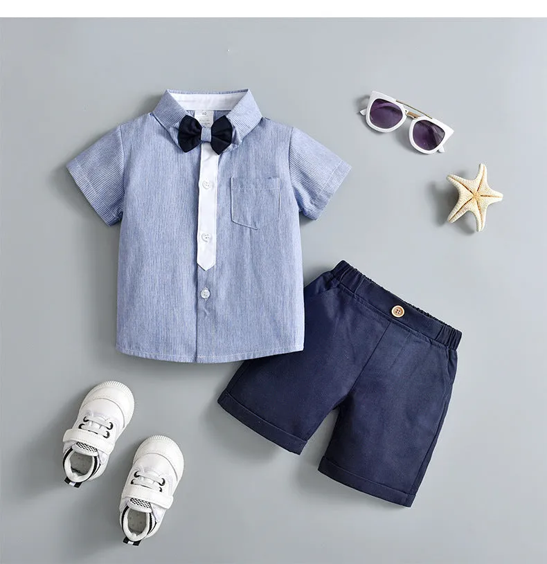 2 Pieces Set Baby Kid Boys Dressy Striped Bow Shirts And Solid Color Shorts Suits Wholesale 230114218