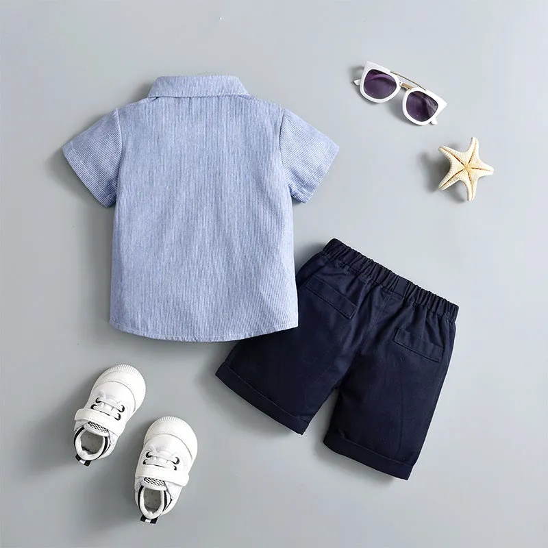 2 Pieces Set Baby Kid Boys Dressy Striped Bow Shirts And Solid Color Shorts Suits Wholesale 230114218