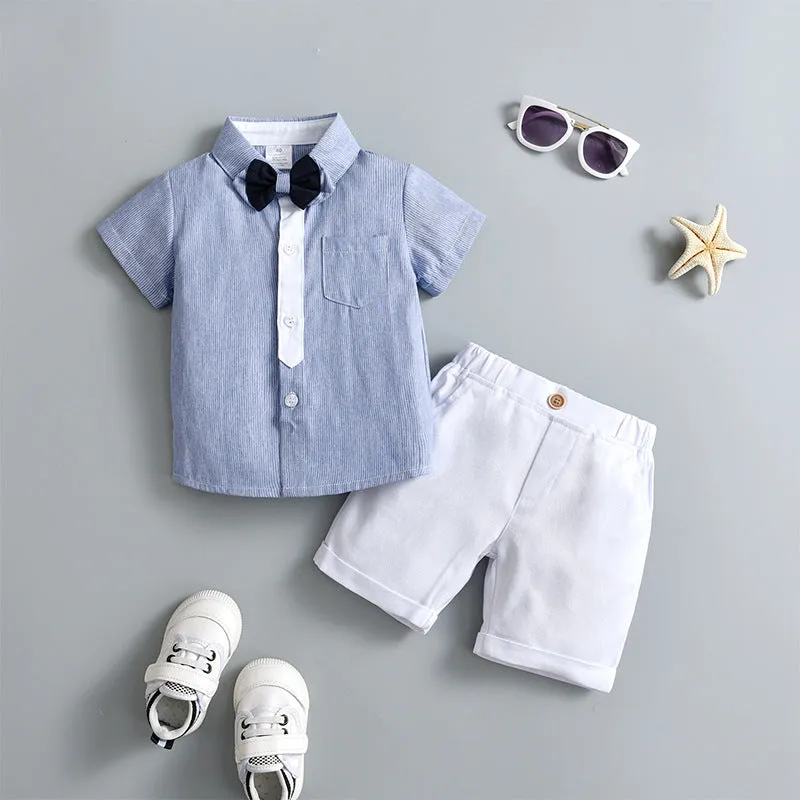 2 Pieces Set Baby Kid Boys Dressy Striped Bow Shirts And Solid Color Shorts Suits Wholesale 230114218