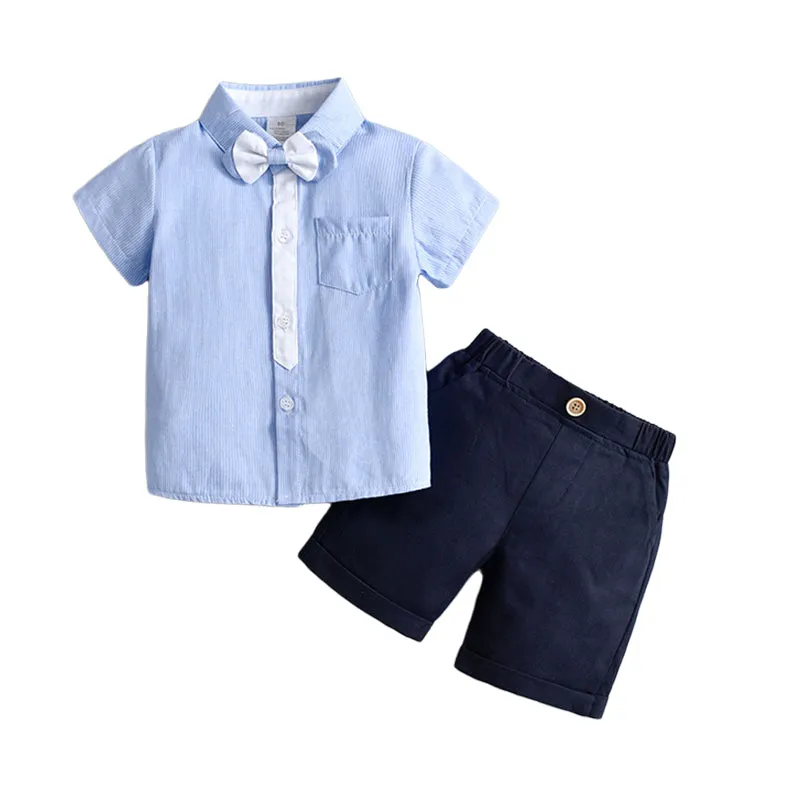 2 Pieces Set Baby Kid Boys Dressy Striped Bow Shirts And Solid Color Shorts Suits Wholesale 230114218