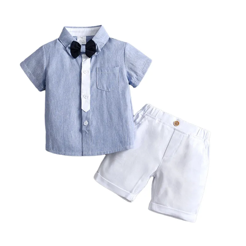 2 Pieces Set Baby Kid Boys Dressy Striped Bow Shirts And Solid Color Shorts Suits Wholesale 230114218