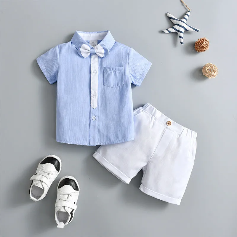 2 Pieces Set Baby Kid Boys Dressy Striped Bow Shirts And Solid Color Shorts Suits Wholesale 230114218
