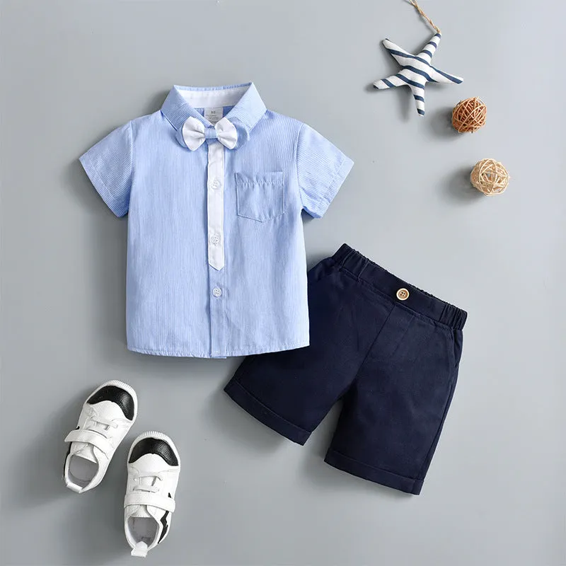 2 Pieces Set Baby Kid Boys Dressy Striped Bow Shirts And Solid Color Shorts Suits Wholesale 230114218