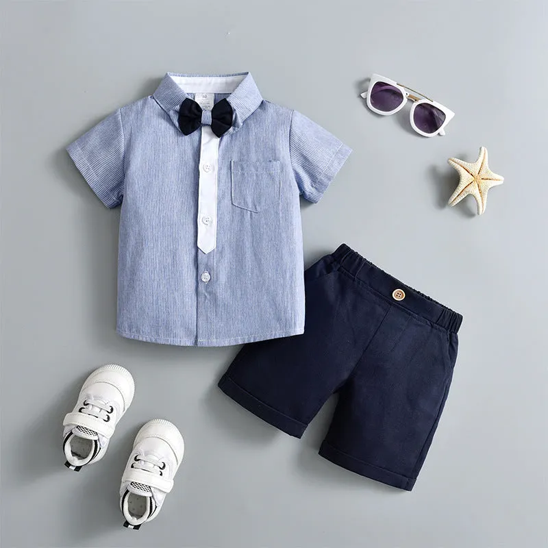 2 Pieces Set Baby Kid Boys Dressy Striped Bow Shirts And Solid Color Shorts Suits Wholesale 230114218