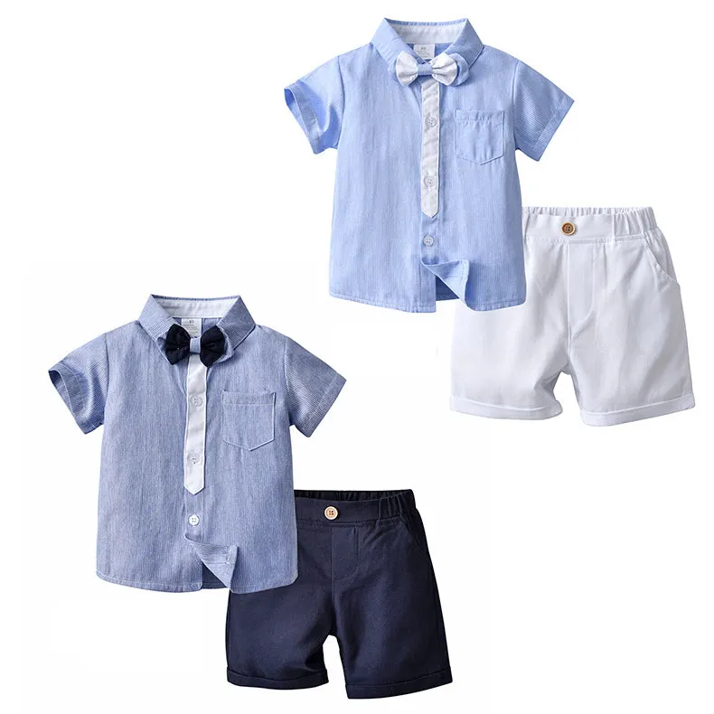 2 Pieces Set Baby Kid Boys Dressy Striped Bow Shirts And Solid Color Shorts Suits Wholesale 230114218