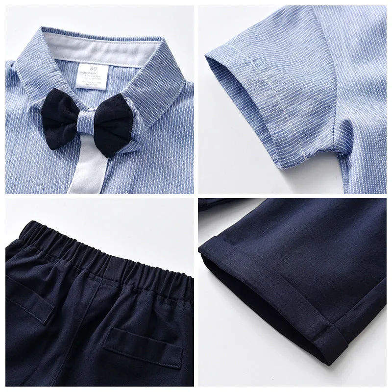 2 Pieces Set Baby Kid Boys Dressy Striped Bow Shirts And Solid Color Shorts Suits Wholesale 230114218