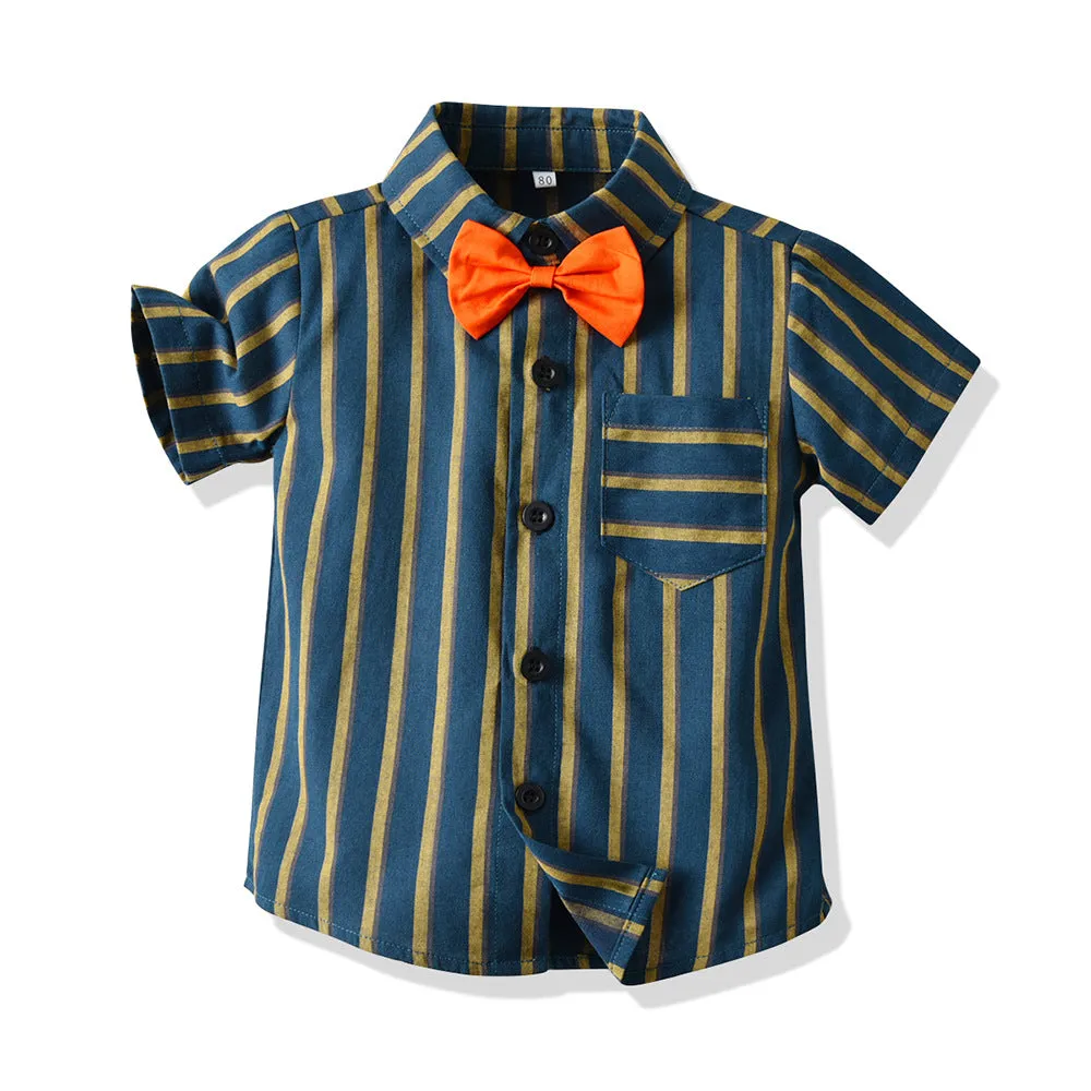 2 Pieces Set Baby Kid Boys Dressy Striped Shirts Suits And Solid Color Shorts Wholesale 22052670