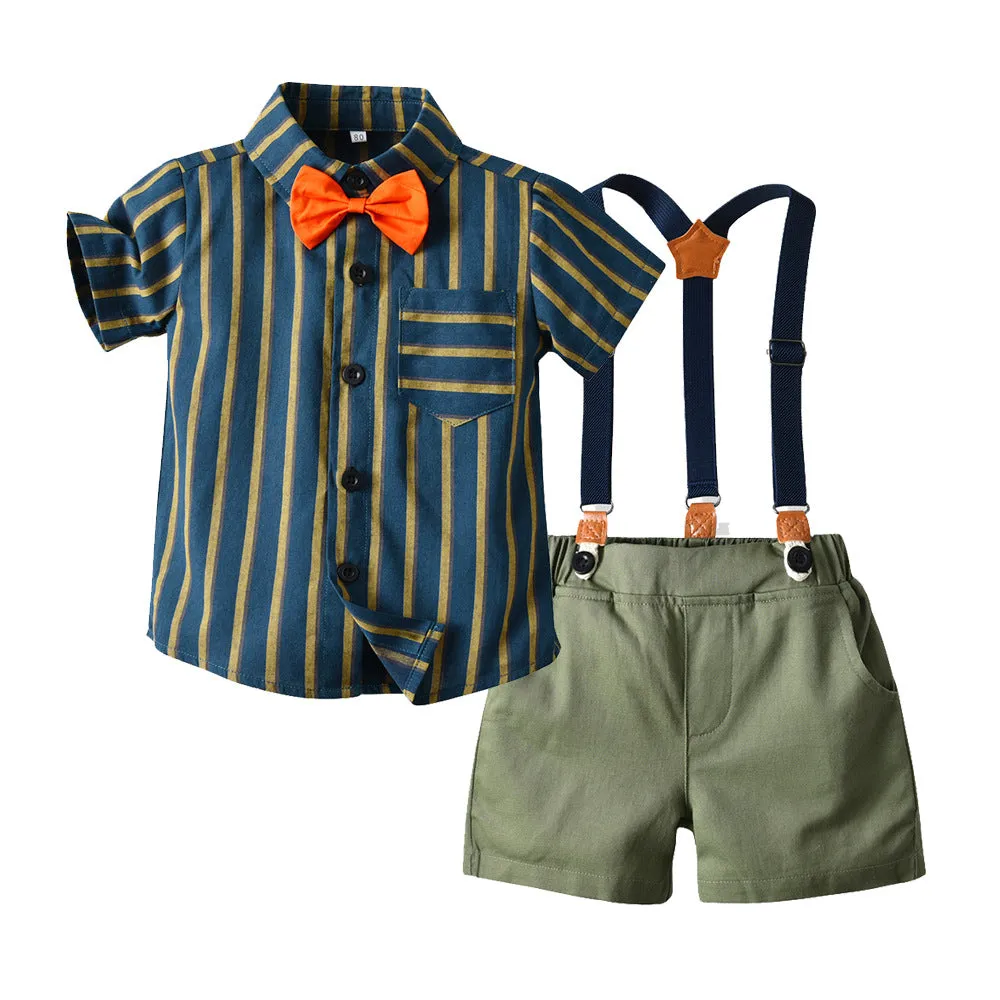 2 Pieces Set Baby Kid Boys Dressy Striped Shirts Suits And Solid Color Shorts Wholesale 22052670