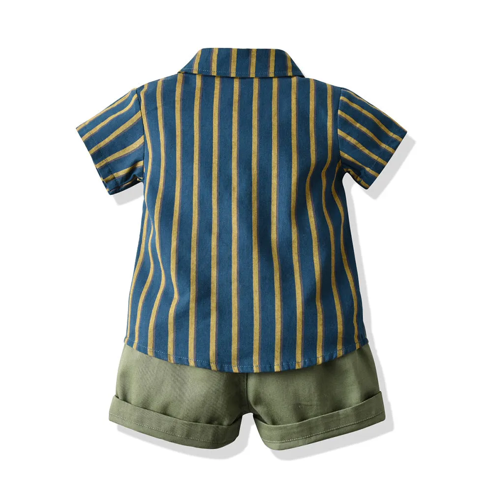 2 Pieces Set Baby Kid Boys Dressy Striped Shirts Suits And Solid Color Shorts Wholesale 22052670