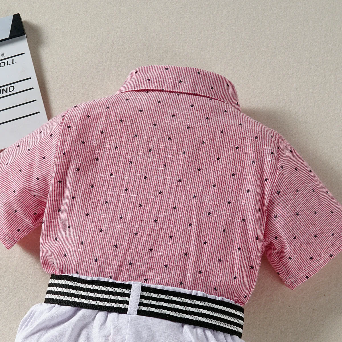 2 Pieces Set Kid Boys Dressy Birthday Star Bow Shirts And Solid Color Belted Shorts Suits Wholesale 220531464