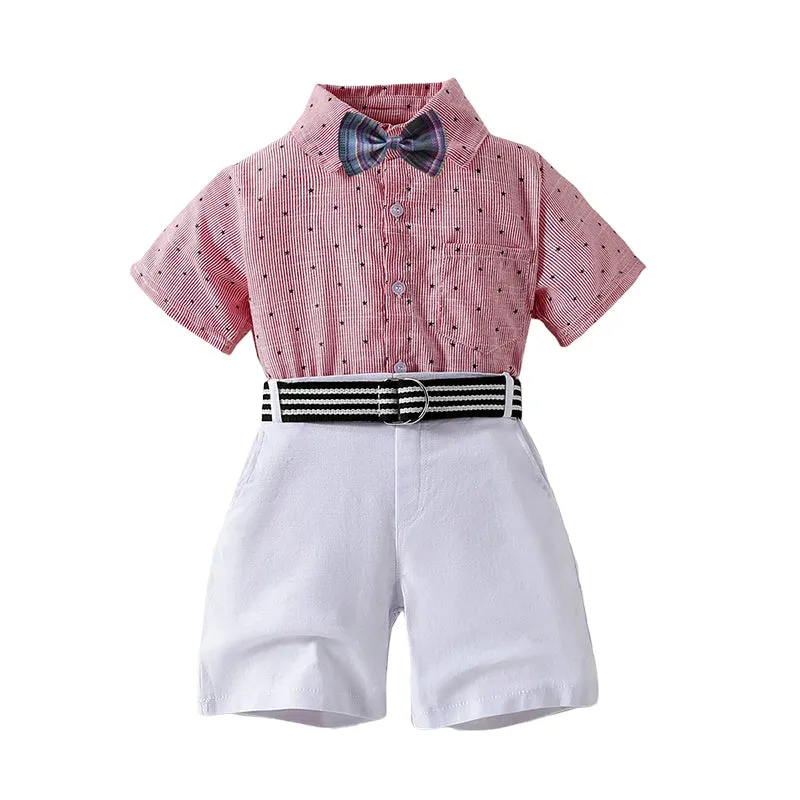 2 Pieces Set Kid Boys Dressy Birthday Star Bow Shirts And Solid Color Belted Shorts Suits Wholesale 220531464