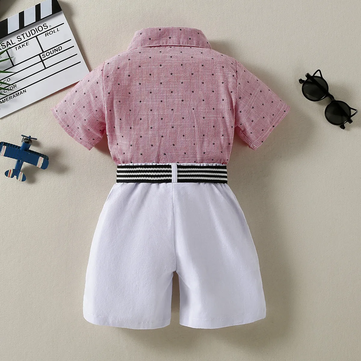 2 Pieces Set Kid Boys Dressy Birthday Star Bow Shirts And Solid Color Belted Shorts Suits Wholesale 220531464