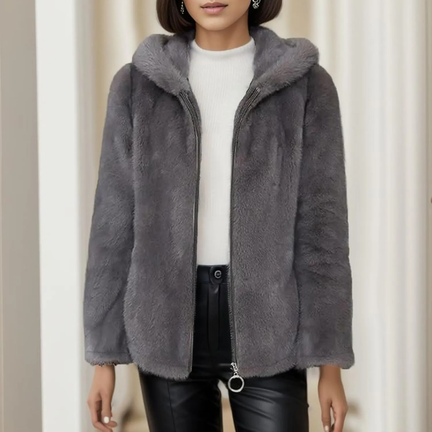 2023 Women's Winter Coats Fleece Zip Up Jacket Long Sleeve Soft Shaggy Warm Outerwear Plus Size Winter Clothes Overcoat