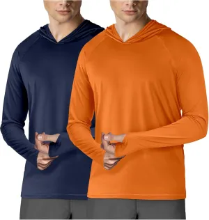 2Pack Hoodies for Men UPF 50 Fishing Sun SPF UV Shirts Long Sleeve Hiking Running Cool Shirts Lightweight Quick Dry Sun Protection Clothing Swim Shirts Rashguard Navy Blue and Orange 3XL