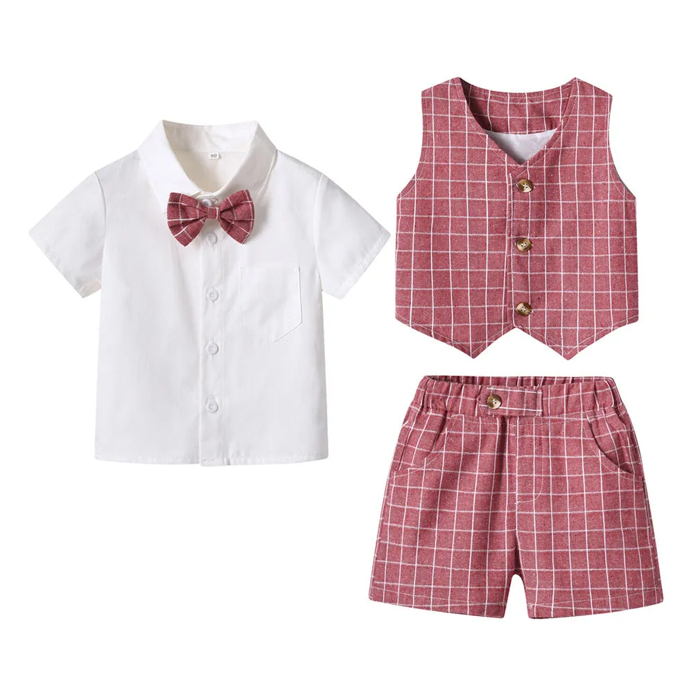 3 Pieces Set Baby Kid Boys Birthday Party Bow Shirts Checked Vests Waistcoats And Shorts Wholesale 230303244