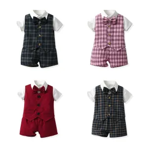 3 Pieces Set Baby Kid Boys Birthday Party Bow Shirts Checked Vests Waistcoats And Shorts Wholesale 230303244