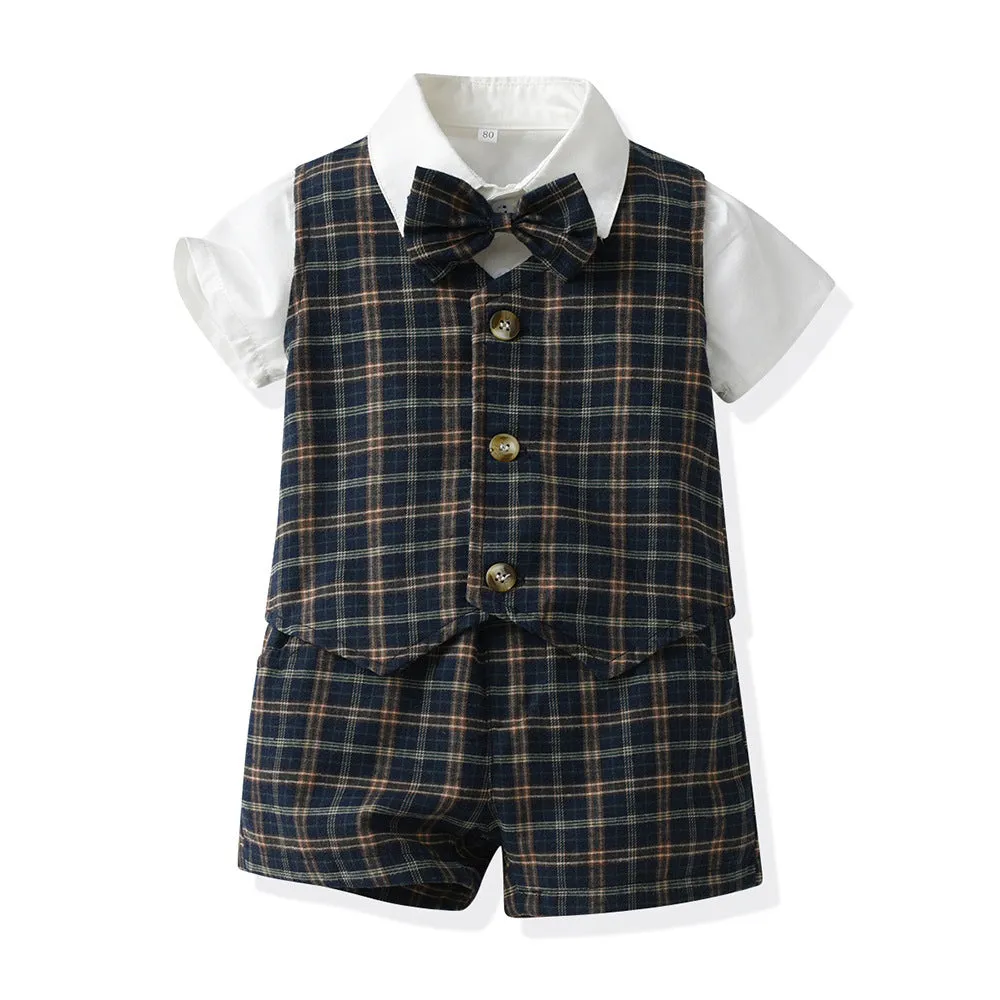 3 Pieces Set Baby Kid Boys Birthday Party Bow Shirts Checked Vests Waistcoats And Shorts Wholesale 230303244