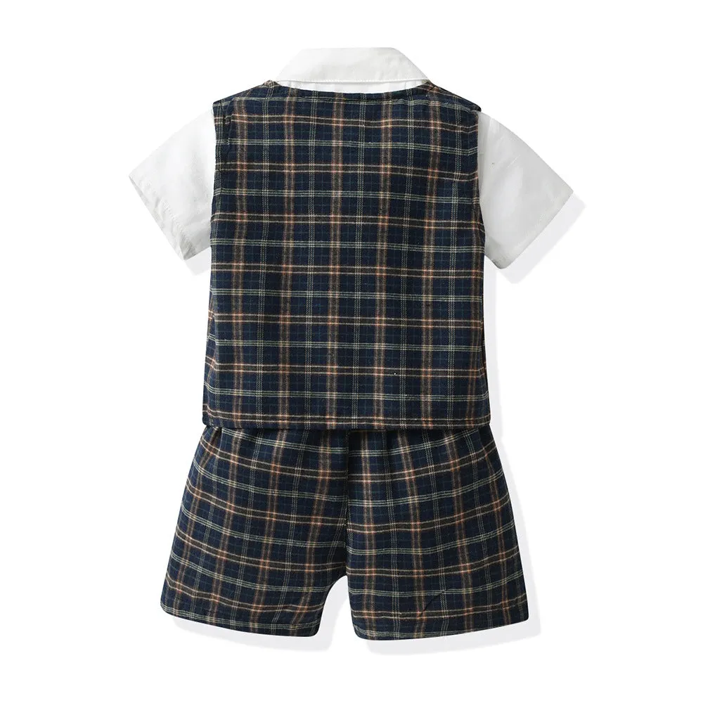 3 Pieces Set Baby Kid Boys Birthday Party Bow Shirts Checked Vests Waistcoats And Shorts Wholesale 230303244
