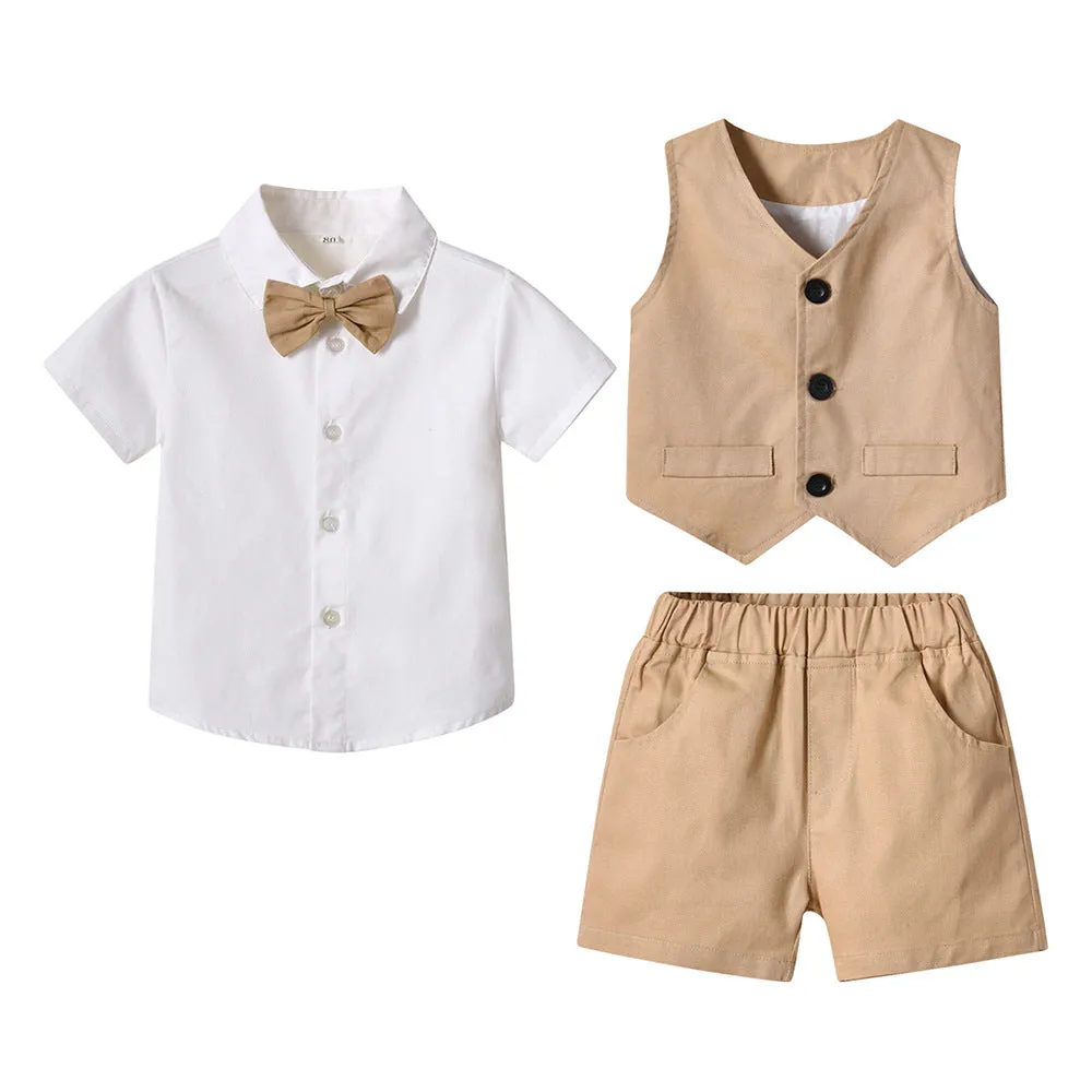 3 Pieces Set Baby Kid Boys Birthday Party Bow Shirts Checked Vests Waistcoats And Shorts Wholesale 230303244