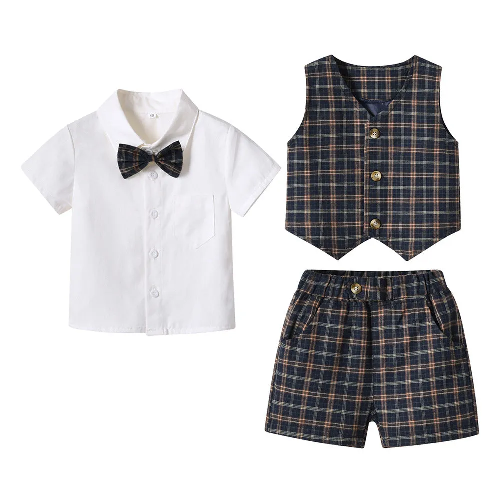 3 Pieces Set Baby Kid Boys Birthday Party Bow Shirts Checked Vests Waistcoats And Shorts Wholesale 230303244