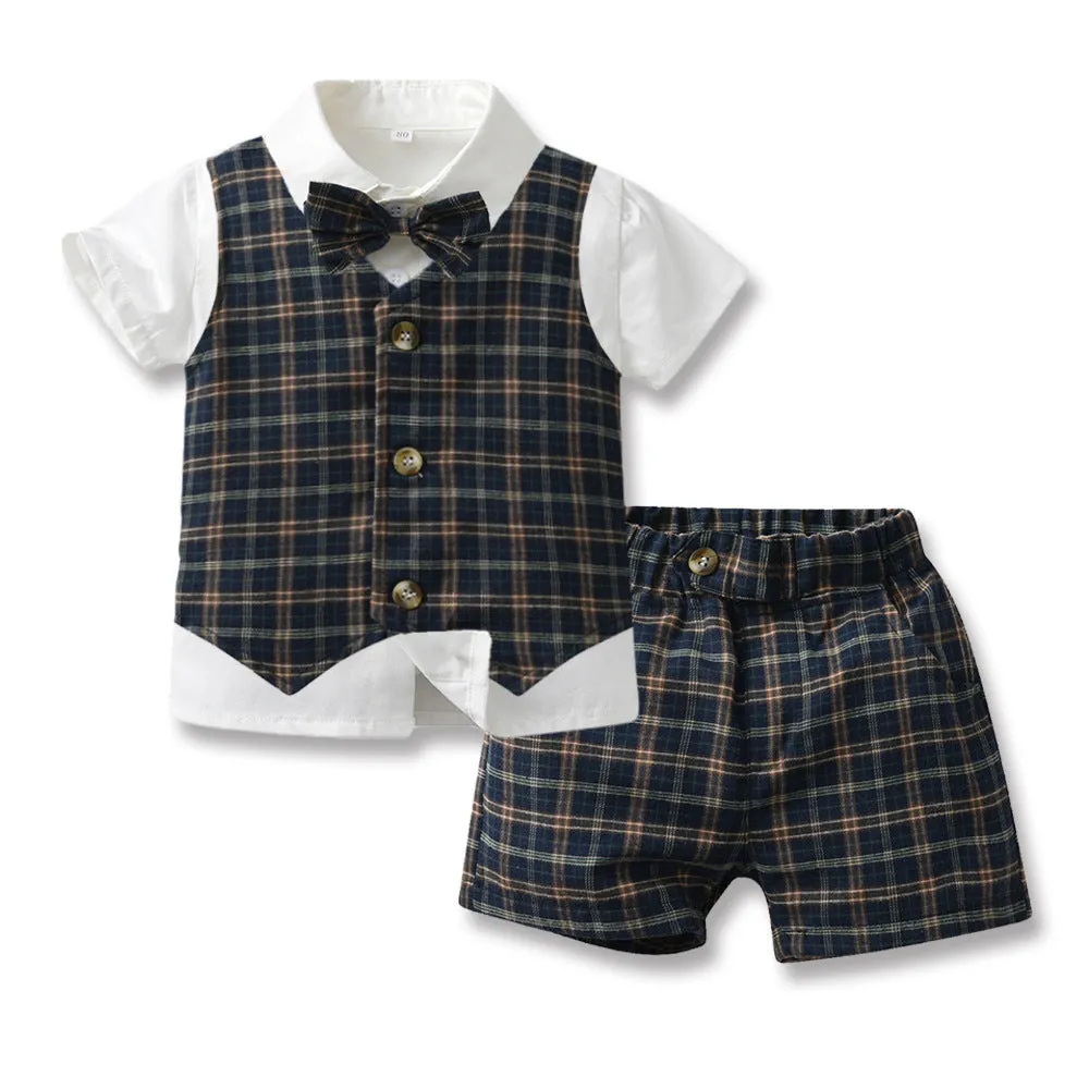 3 Pieces Set Baby Kid Boys Birthday Party Bow Shirts Checked Vests Waistcoats And Shorts Wholesale 230303244