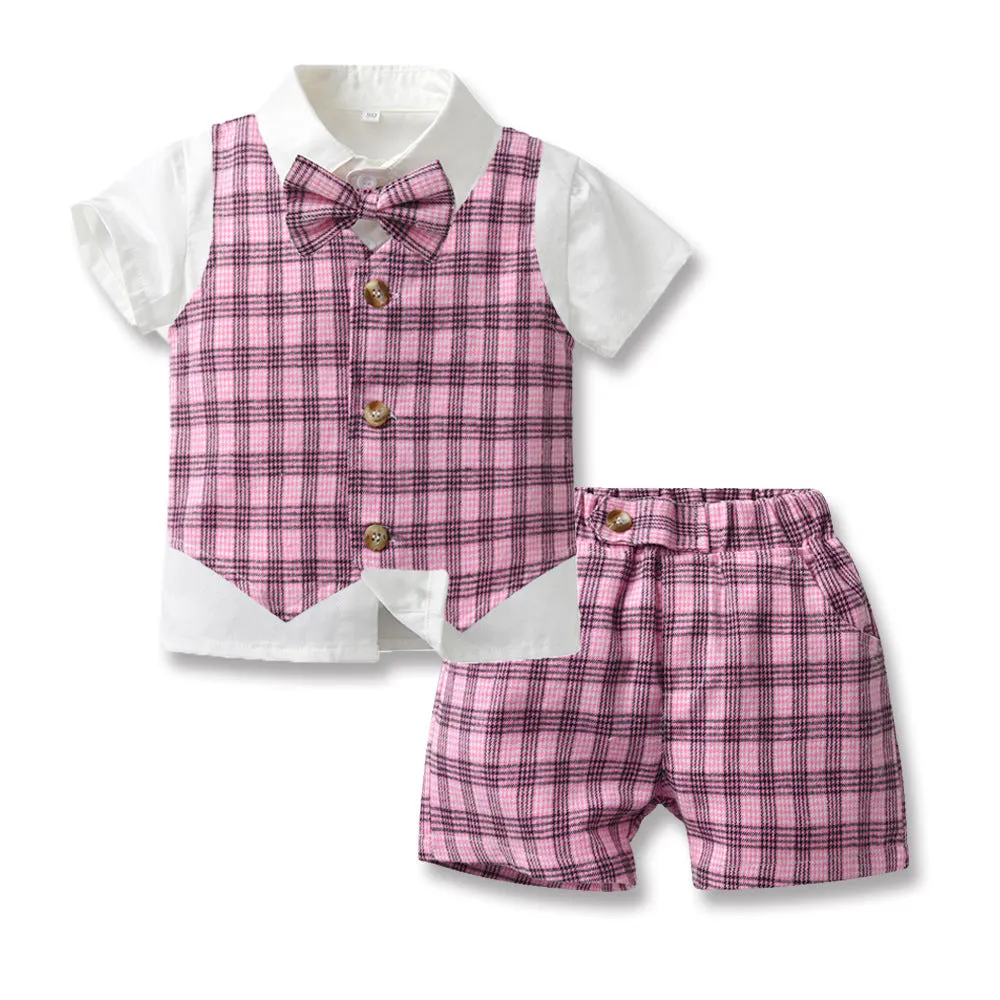 3 Pieces Set Baby Kid Boys Birthday Party Bow Shirts Checked Vests Waistcoats And Shorts Wholesale 230303244