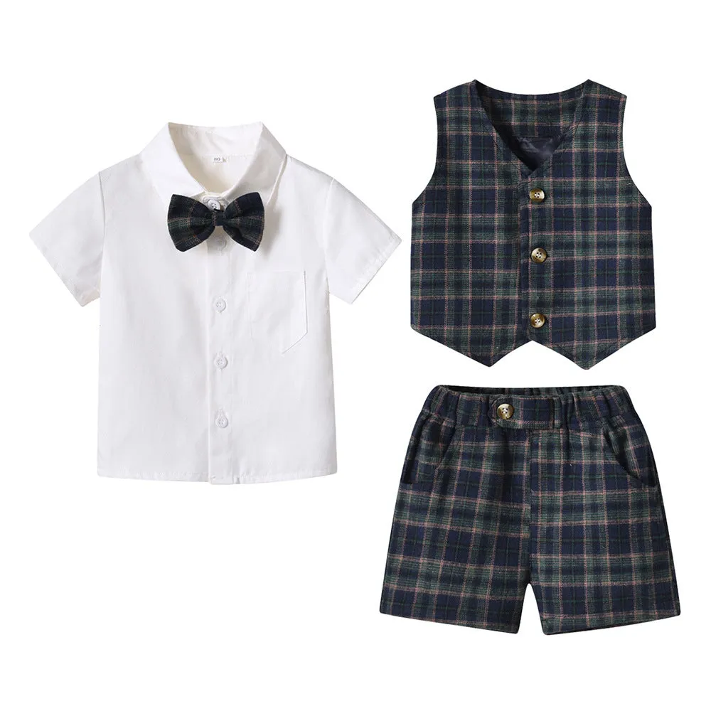 3 Pieces Set Baby Kid Boys Birthday Party Bow Shirts Checked Vests Waistcoats And Shorts Wholesale 230303244
