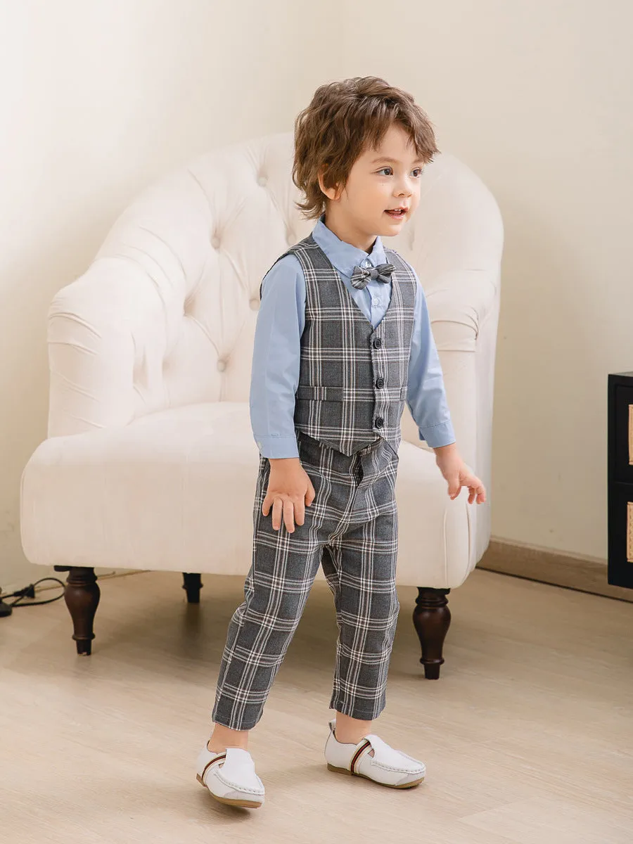 3 Pieces Set Baby Kid Boys Birthday Party Solid Color Bow Shirts Checked Vests Waistcoats And Pants Wholesale 221216442