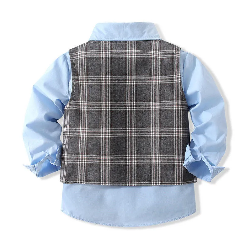 3 Pieces Set Baby Kid Boys Birthday Party Solid Color Bow Shirts Checked Vests Waistcoats And Pants Wholesale 221216442