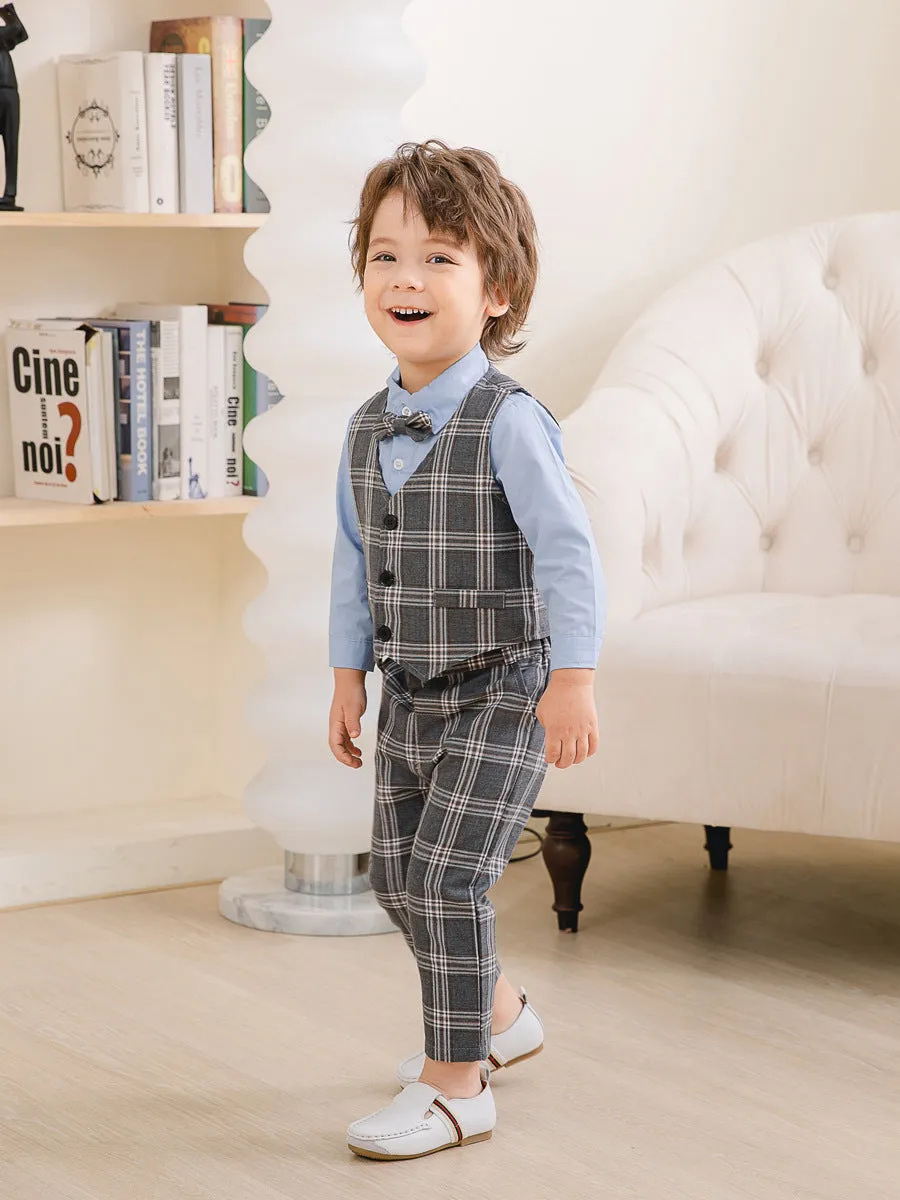 3 Pieces Set Baby Kid Boys Birthday Party Solid Color Bow Shirts Checked Vests Waistcoats And Pants Wholesale 221216442