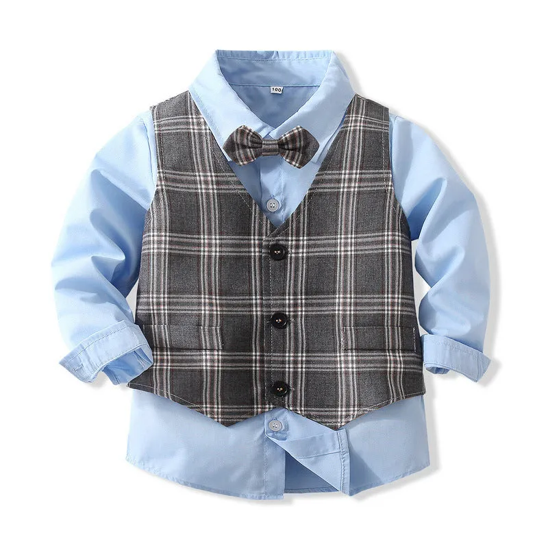 3 Pieces Set Baby Kid Boys Birthday Party Solid Color Bow Shirts Checked Vests Waistcoats And Pants Wholesale 221216442