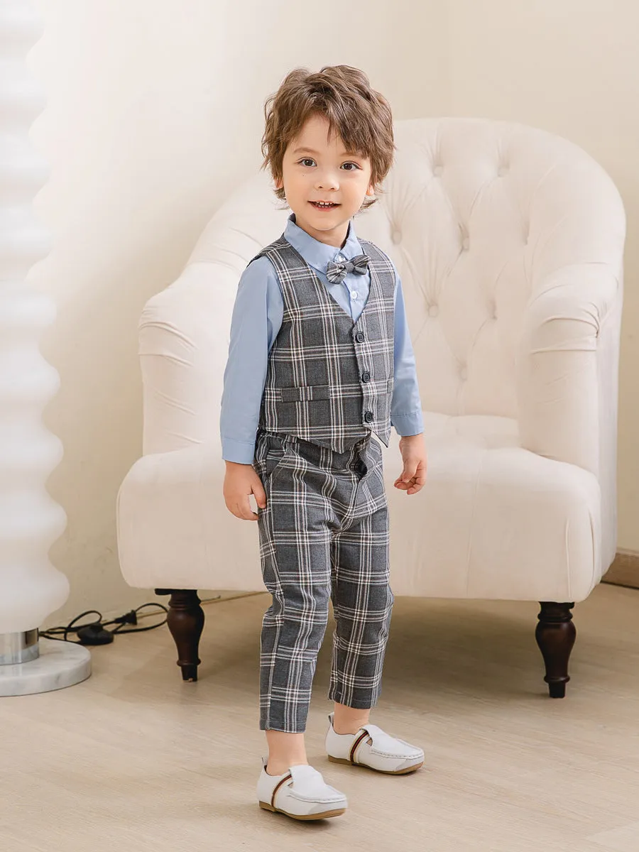 3 Pieces Set Baby Kid Boys Birthday Party Solid Color Bow Shirts Checked Vests Waistcoats And Pants Wholesale 221216442