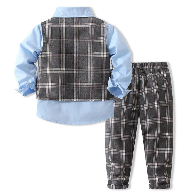 3 Pieces Set Baby Kid Boys Birthday Party Solid Color Bow Shirts Checked Vests Waistcoats And Pants Wholesale 221216442
