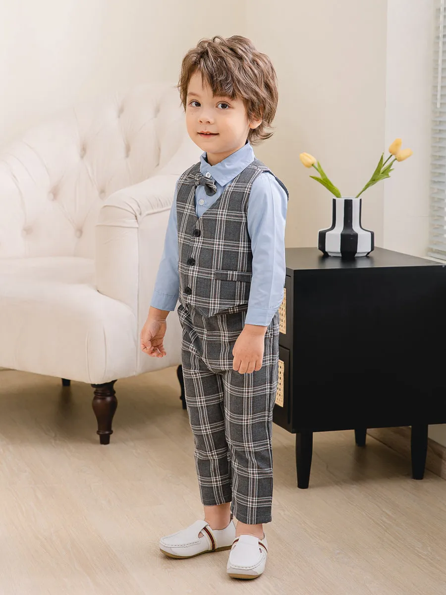 3 Pieces Set Baby Kid Boys Birthday Party Solid Color Bow Shirts Checked Vests Waistcoats And Pants Wholesale 221216442
