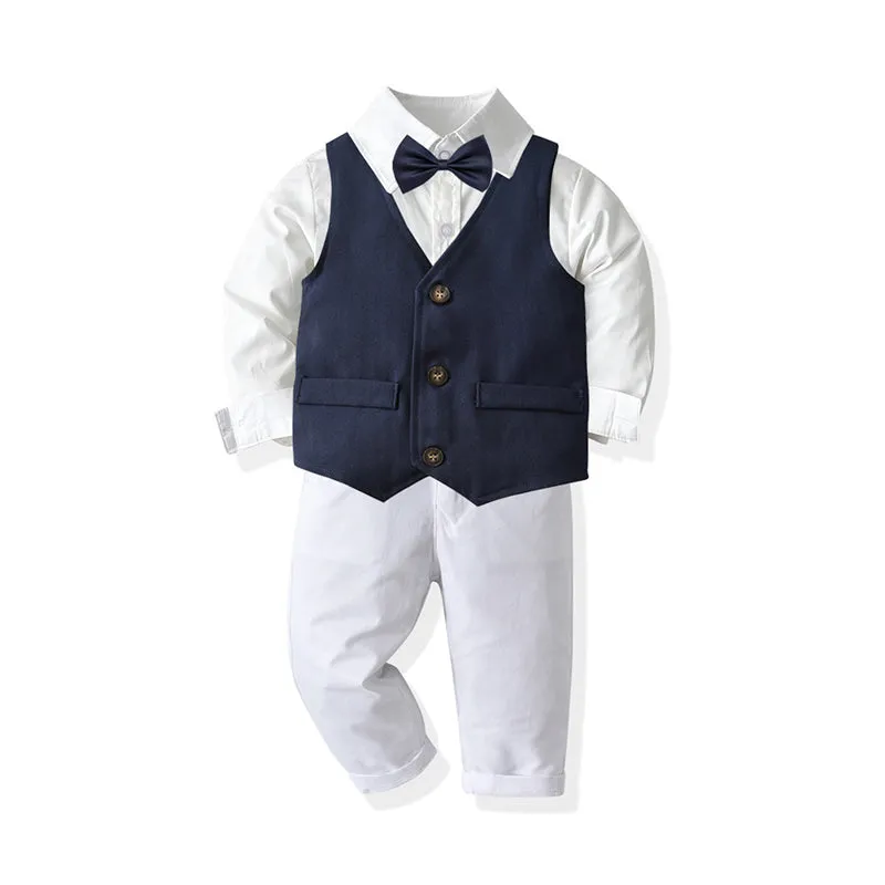 3 Pieces Set Baby Kid Boys Dressy Solid Color Vests Waistcoats Bow Shirts And Suits Trousers Wholesale 211109330