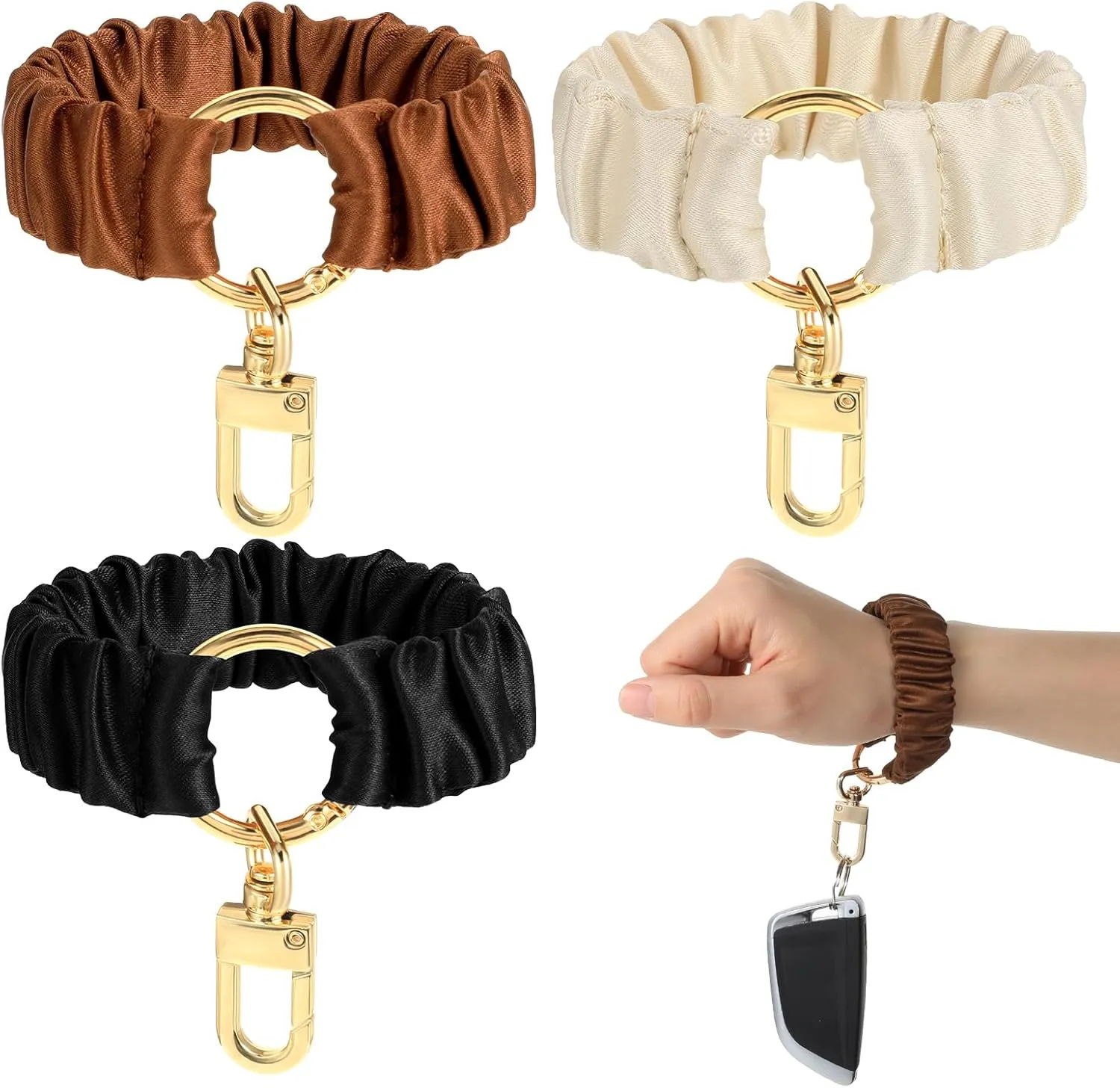 3Pcs Scrunchie Keychain Wristlet, Multifunctional Key Ring Wrist Retractable Spiral Coil Strap Spring Removable Flexibility Fob Suitable Sauna Gym Swimming (Black Beige Light Brown)